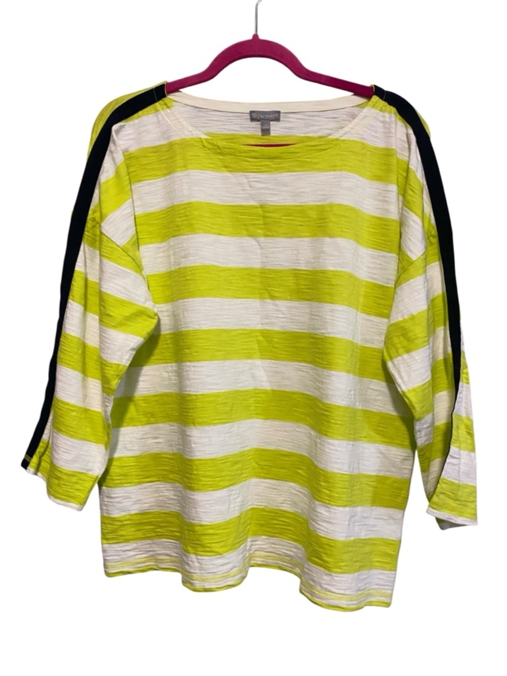 T by Talbots White Lime Green Striped 3/4 Sleeves XL Cotton Preppy Nautical Top